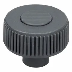 Knurled knob with threaded hole, 40 mm diameter, M6 thread, 10 mm thread length. Plastic body with steel thread insert, gray color. Used for manual adjustment, clamping, or positioning on industrial equipment, jigs, and fixtures.
