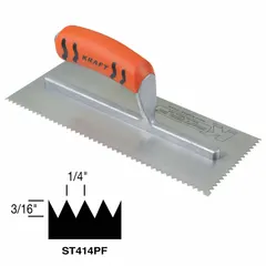 This trowel features a square blade with a V-notch profile, designed for spreading adhesive or mortar during tile installation. The carbon steel blade and ProForm handle provide control for consistent notch patterns. Suitable for flooring and wall tiling projects.