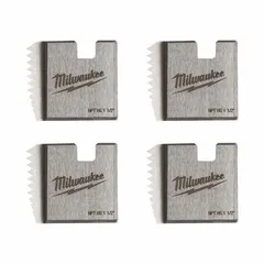 Set of four high speed steel dies for cutting 1-1/2 in NPT right hand threads on steel pipe. Designed for use with manual and handheld power threaders in plumbing and piping applications. Produces standard NPT taper threads.