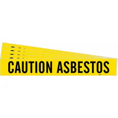 Adhesive pipe marker with yellow background and black legend reading 'Caution Asbestos'. Designed for pipes with outer diameter of 8 inches and larger. Pack of 5 markers without arrows. Used to identify piping systems containing asbestos in industrial facilities.