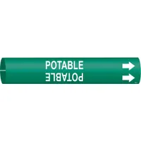 This snap-on pipe marker identifies potable water lines in industrial facilities. It features a green background with white legend text and includes arrows to indicate flow direction. Designed to fit pipe outer diameters from 4 to 6 inches, the marker provides clear labeling for pipe identification and safety compliance
