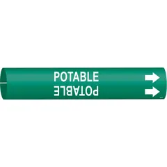 This snap-on pipe marker identifies potable water lines in industrial facilities. It features a green background with white legend text and includes arrows to indicate flow direction. Designed to fit pipe outer diameters from 4 to 6 inches, the marker provides clear labeling for pipe identification and safety compliance.