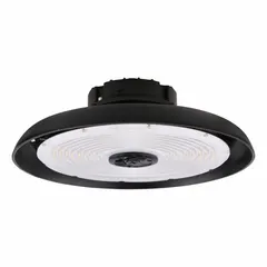 Round LED bay light for high-ceiling applications such as warehouses, factories, and gymnasiums. Operates on 120 to 347V AC with a 4000K color temperature. Designed to replace 175 to 450W HID fixtures and suitable for mounting heights from 15 ft to 40 ft.