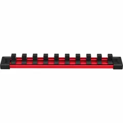 Black plastic socket rail with 10 posts and a metal ball detent clip for secure socket retention. Overall width of 1 7/16 in. Used for organizing and storing sockets in workshops, garages, and job sites.