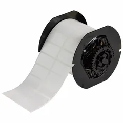 Halogen-free polyester label roll with precut sizes 1 1/2 in x 3/4 in and 3/4 in x 1 1/2 in, white. Compatible with i5300 printer series. Used for industrial identification and compliance labeling in electrical, controls, and general manufacturing environments.
