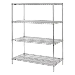 This METRO stationary wire shelving unit is designed for dry environments. It features four chrome-finished steel shelves with a split sleeve design, measuring 48 inches by 18 inches with an overall height of 63 inches. The open wire construction allows air circulation and visibility, suitable for organizing supplies in commercial or industrial settings.