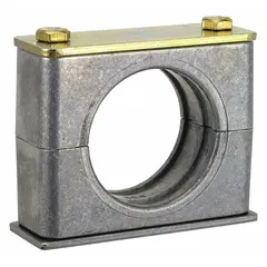 Steel clamp with aluminum cushion for securing single tubing or piping runs. Ribbed bore provides vibration dampening and grip. Used in industrial hydraulic, pneumatic, and process systems for line retention and noise reduction.
