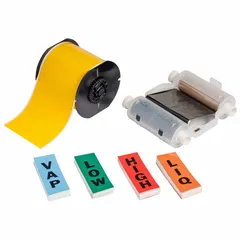 This kit includes a black ribbon cartridge, a B30 Series R10000 printer ribbon, and 50 red ammonia (IIAR) labels (2.25 in x 1 in). Compatible with i3300 printer series. Used for creating pipe marking labels in industrial facilities.