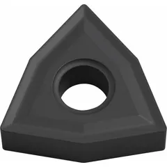 This Trigon (W) indexable turning insert is made of CVD carbide for wear resistance in medium to high-speed machining. It is used for general turning, facing, and profiling operations on metal workpieces such as steels and cast irons in industrial manufacturing.