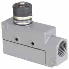 This top-mount limit switch features a plunger actuator and screw terminals for electrical connection. It is designed for industrial automation applications such as conveyor systems, packaging machinery, and material handling equipment to detect the presence or position of moving parts.