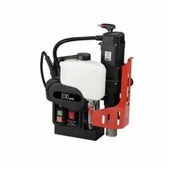 Automatic magnetic drill press with electric magnet, 2 3/4 in drill travel, and 115V AC operation. Designed for drilling on ferrous surfaces in structural steel fabrication, construction, and industrial maintenance.