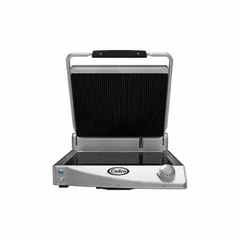 Single panini press with a 19-inch wide glass ceramic cooking surface. Operates at 14 A and 208 to 240V. Suitable for grilling panini, sandwiches, and flatbreads in commercial food service settings.