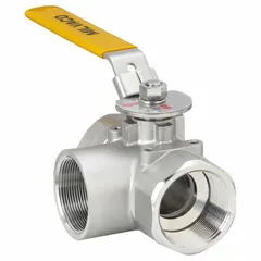 This three-way ball valve features an L flow pattern to direct flow between two of three ports. Constructed from CF8M stainless steel with FNPT connections and a locking lever handle. Suitable for diverting or mixing flow in industrial piping systems.