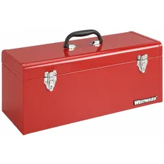 This steel tool box provides secure storage for hand tools, parts, and small equipment. It measures 20 inches wide, 8 inches deep, and 9 inches high, with a red finish. The single compartment includes a padlock for security, suitable for use in workshops, garages, and job sites.