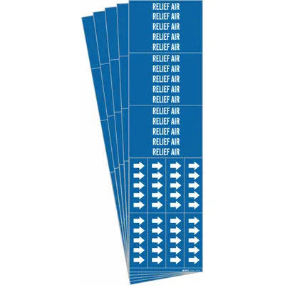 BRADY Pipe Marker: Relief Air, Blue, White, Fits 3/4 in and Smaller Pipe O.D. - Relief Air Adhesive Pipe Markers