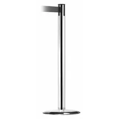 This retractable belt post barrier features a cast iron base and a metal alloy post in silver. The black belt extends 13 ft with no pattern or legend. Suitable for managing pedestrian flow and cordoning off areas in industrial and public settings.