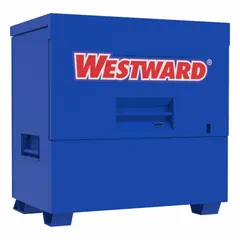Blue piano-style jobsite box with 47.8 cu ft capacity. Dimensions: 48 1/2 in W x 33 7/8 in D x 49 7/16 in H. Features a recessed padlock hasp (lock not included). Suitable for securing tools and equipment on construction sites, in workshops, and industrial facilities.