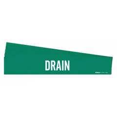 Green adhesive pipe marker with white 'Drain' legend, designed for pipe outer diameters from 2-1/2 to 7-7/8 inches. Sold in a 5-pack, each marker provides clear identification for drain piping systems in industrial and commercial facilities. No directional arrows included.