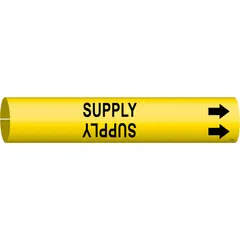 Snap-on pipe marker for identifying supply lines in piping systems. Yellow background with black legend text reading 'Supply' and directional arrows. Fits pipe outer diameters of 4 to 6 inches. Includes one marker.