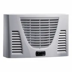 Wall-mount mini chiller for indoor dust-tight environments. Provides 1,160 BtuH cooling capacity at 115 V. Suitable for cooling electrical enclosures and control panels.
