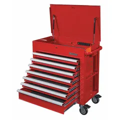 Heavy-duty utility cart with a red drawer, measuring 36 3/16 in wide, 22 1/8 in deep, and 39 1/4 in high. Features a hinge-type drawer, keyed locking system, and four 110V outlets. Suitable for organized tool storage and mobile work support in industrial environments.