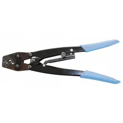 This manual pliers-style crimper is designed for non-insulated connectors and terminals. It has an overall length of 11 1/4 inches. Suitable for electrical and wiring applications requiring secure connections on bare wire ends and uninsulated lugs.