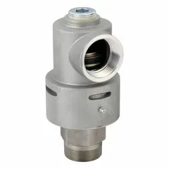 This DUFF-NORTON rotary union is a straight, plain aluminum single-passage joint for transferring media between stationary and rotating equipment. It features a 2" threaded rotating shaft and carbon graphite seals, with a maximum speed of 3500 rpm. Suitable for applications such as rotating drums, reels, and spindles requiring continuous flow during rotation.