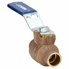 This NIBCO bronze ball valve features a 1/2-inch sweat x sweat connection, full port design, and two-piece body with a lever handle. Suitable for on/off flow control in plumbing and industrial piping systems where straight-line flow and minimal pressure drop are required.