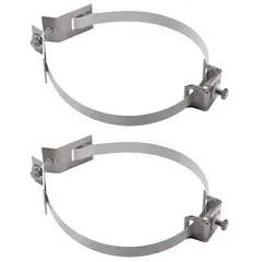 Stainless steel strap-on sign brackets for mounting signs to round poles with diameters from 4 to 12 inches. Unfinished silver finish. Each pair includes two brackets for secure attachment. Suitable for traffic control, parking lots, and industrial facility signage.