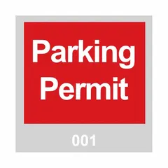 Vinyl parking hanger in red with white markings, measuring 3 inches overall width and 3 inches card height. Supplied in packs of 100. Used for identifying authorized vehicles in parking lots, garages, and facilities.