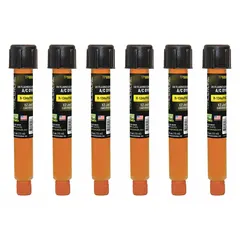 Six 0.5 oz cartridges of A/C dye formulated for R-134a systems with PAG oil. Used to introduce fluorescent dye into automotive air conditioning circuits for leak detection. Each cartridge is a direct refill for compatible dye injectors.