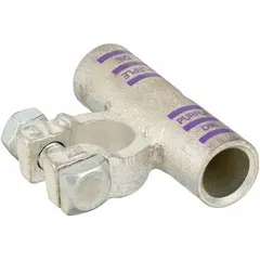 Crimp-style flag alignment battery terminal for 3/0 gauge cable. Made of copper with purple color code for negative polarity and a 5/16 inch stud size. Used for connecting heavy-gauge battery cables in vehicles and equipment.
