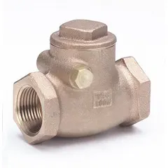 This bronze inline swing check valve features a swing-type disc and female NPT connections on both ends. It is designed to prevent backflow in piping systems, commonly used in water, oil, gas, and steam applications where reverse flow must be avoided.