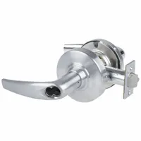 Storeroom lever lockset with ANSI F86 function, allowing key-only entry from outside and free egress from inside. Satin chromium-plated steel finish. ADA compliant. Suitable for commercial interior doors requiring security and accessibility