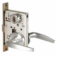 This BEST storeroom lever lockset features a satin chromium-plated stainless steel finish and a 40H rose style. It is ADA compliant with an interchangeable core and ANSI F07 function, allowing keyed entry from outside and free egress from inside. Suitable for interior doors in commercial settings where accessibility and security are required.