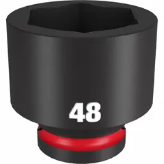 This 3/4" drive impact socket is designed for heavy-duty fastening and loosening of 48 mm metric nuts and bolts. The 6-point configuration provides secure engagement and high torque transfer, suitable for use with impact wrenches in industrial maintenance, construction, and automotive repair.