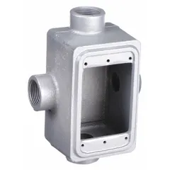 Gray rectangular iron weatherproof electrical box with 1 gang, 1-inch hub, and 25 cubic inch capacity. Suitable for outdoor or damp-location junction and pull-box applications in industrial conduit runs, providing protection against moisture and corrosion.