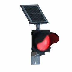 Solar-powered flashing sign beacon with red LED lamp, black polycarbonate housing, and 60 flashes per minute. Includes solar cabinet. Used for traffic warning and guidance in construction zones, school zones, or roadway hazards.
