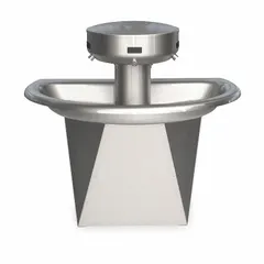 Sensor-operated wash fountain with semi-circular stainless steel bowl in silver finish. Features off-line vent drain type and 36 in overall width. ADA compliant. Suitable for commercial restrooms requiring touch-free operation.