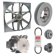 Unassembled belt-drive panel exhaust fan with drive package. Features a 30-inch blade, 1 hp motor, and 11,901 cfm airflow at 115/208-230V AC, single-phase. Zinc-plated steel frame with cast construction, totally enclosed fan-cooled motor, and Class B insulation. Without intake guards. Suitable for general ventilation in industrial and commercial facilities such as warehouses, factories, and workshops.