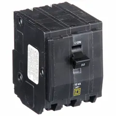 Three-pole, 50 A miniature circuit breaker from the QO Series for plug-in installation in QO Load Centers and NQ Panelboards. Rated 120/240V AC with a maximum interrupting rating of 10kA at 120/240V AC. Suitable for overcurrent protection in three-phase branch circuits.