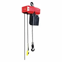 This Dayton electric chain hoist is a heavy-duty, hook-mounted unit designed for general lifting applications. It operates on 230/460V AC with single-speed control and includes a chain container. The headroom clearance ranges from 28 to 30 inches. Suitable for use in industrial environments such as manufacturing and warehousing.