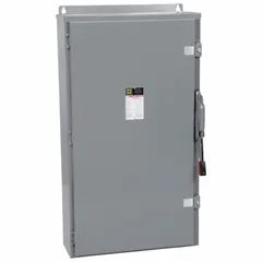This SQUARE D fusible safety switch is rated for 600 A, three-phase, 600V AC. The galvanized steel enclosure allows for indoor or outdoor installation. It is used to safely disconnect electrical circuits for maintenance or emergency shutdown in industrial and commercial power distribution systems.