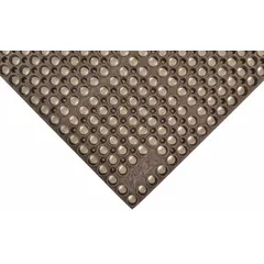 This 39 by 58 inch drainage mat is constructed from black nitrile rubber with a raised ring pattern for fluid drainage and slip resistance. The 7/8 inch thickness provides cushioning for standing workers. The antimicrobial surface helps inhibit bacterial growth in wet environments.