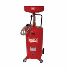 Portable container for collecting and storing used oil in maintenance environments. Red finish with black/red type designation. Overall height 72 in, length 18 in, diameter 14 in. Suitable for workshops and garages.