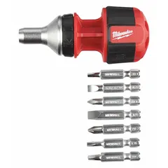 This combination multi-bit screw and nut driver includes 8 tips covering Hex, Phillips, Slotted, Square, and Torx profiles, with Phillips #1 and #2 sizes. With an overall length of 4-1/2 inches, it is suited for driving and removing screws and fasteners in construction, electrical, and general maintenance tasks.