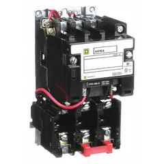 Non-reversing magnetic motor starter for three-phase motors. NEMA Size 0, 18 A, 240V AC coil, 3 poles. Requires three melting alloy thermal units (not included). Screw clamp terminals. No operator, pilot light, or auxiliary contacts. Suitable for conveyors, pumps, and fans.