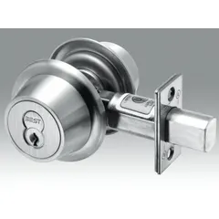This standard cylindrical deadbolt features an interchangeable core cylinder for key control and is designed for doors up to 3 inches thick. The satin chromium-plated finish resists corrosion, and the lock is ADA compliant for accessibility. Suitable for commercial applications such as offices, schools, and healthcare facilities requiring secure entry.