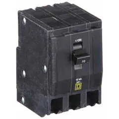 Three-phase miniature circuit breaker rated 70 A at 120/240V AC with a maximum interrupting rating of 10kA. Features three poles for plug-in installation in QO Load Centers and NQ Panelboards, providing branch circuit overcurrent protection.