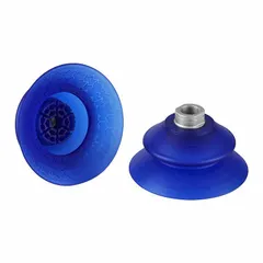 Bellows type vacuum pad assembly with 1.5 folds, G3/8 inch connection, and 109 mm pad diameter. Constructed from Elastodur ED material in blue with a hardness of 85 A. Suitable for handling sheet metal, glass, or plastic components in automated pick-and-place applications.